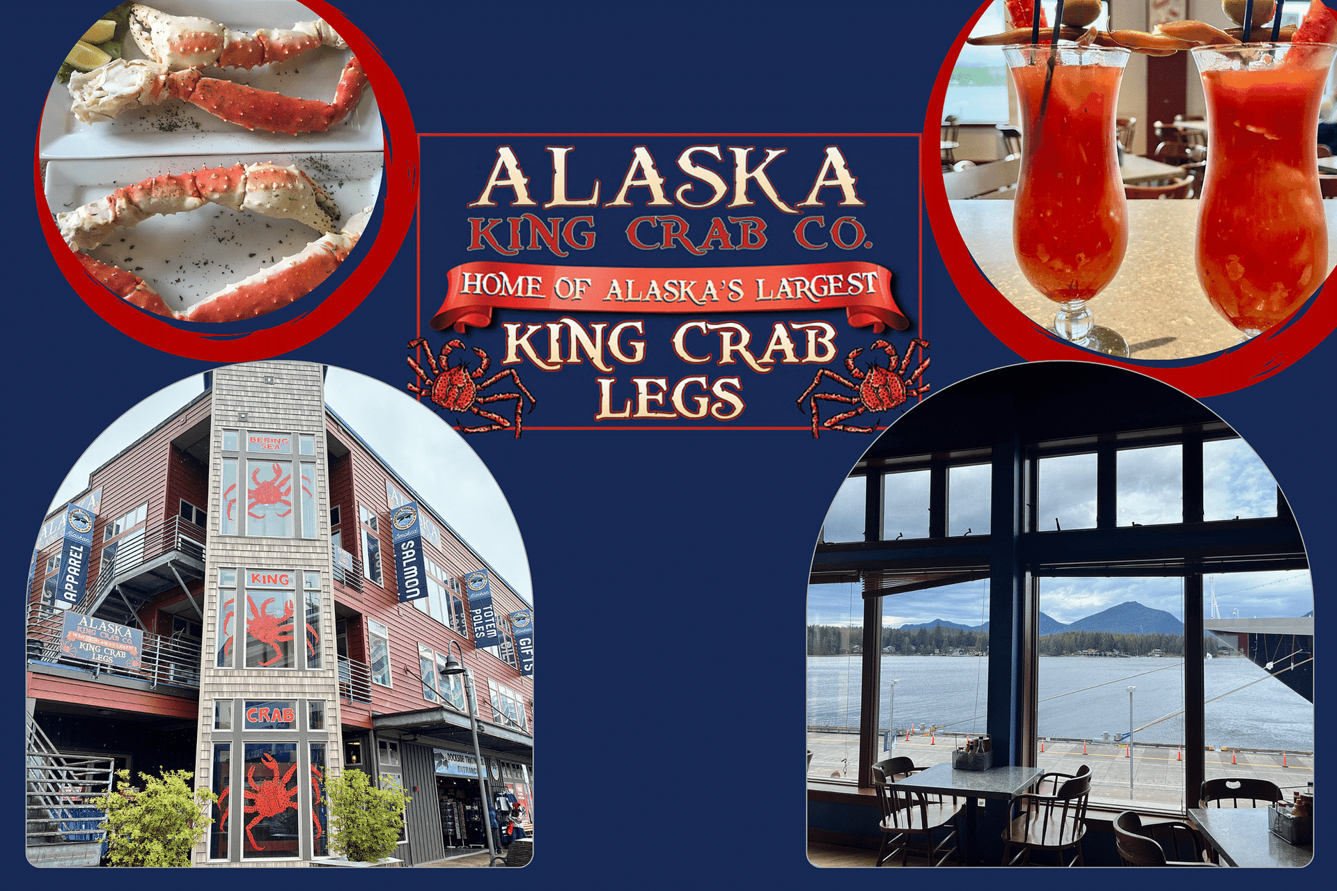 Alaska King Crab Co. promo featuring crab legs, drinks, restaurant exterior, and scenic waterfront view.